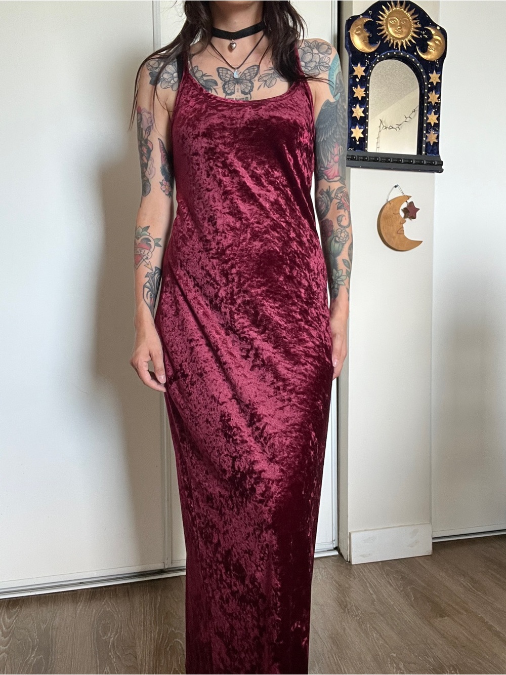 Vintage 90’s Burgundy Crushed Velvet Maxi Slip Dress | ✨Practical magic